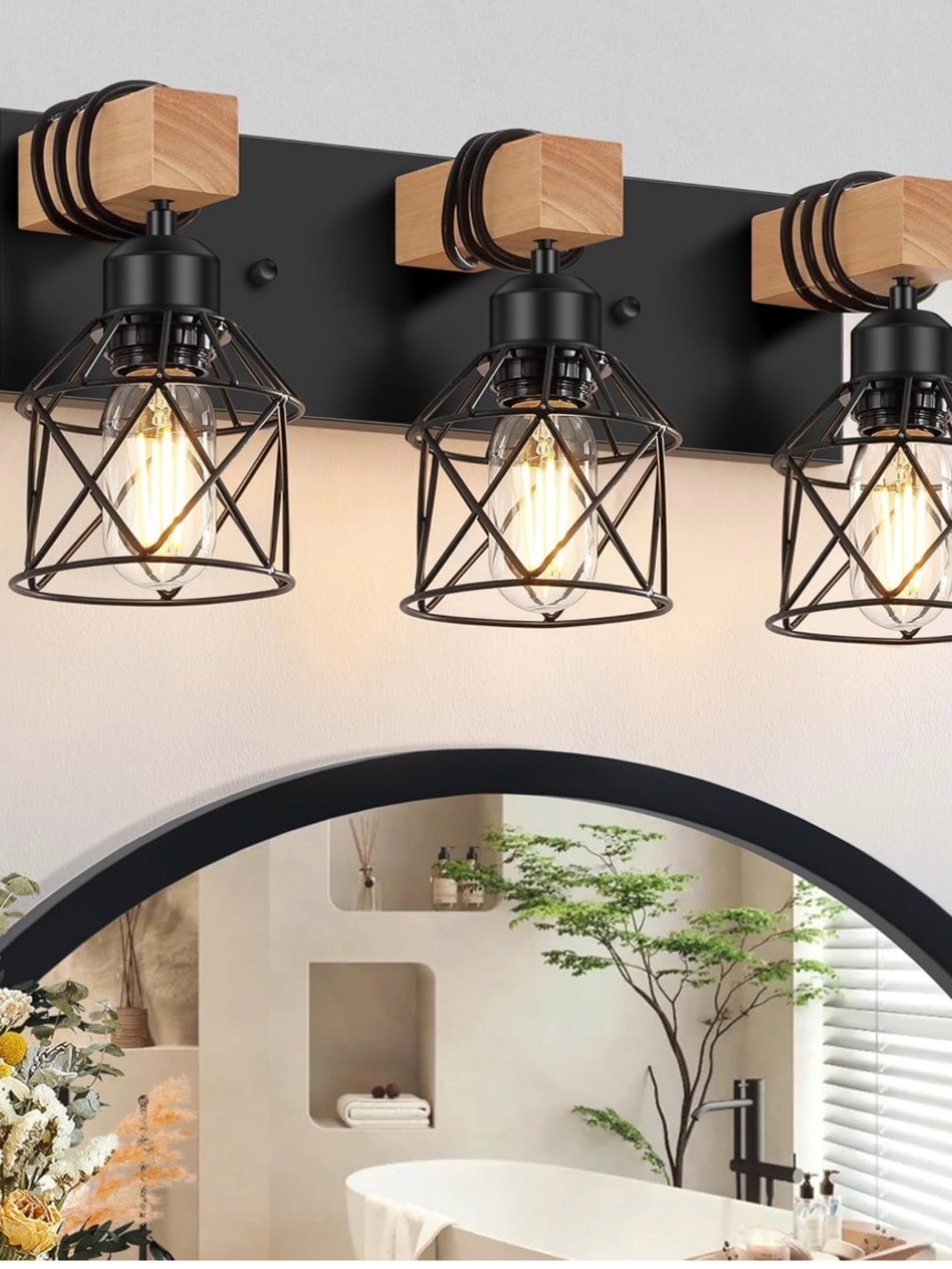 3-Light Farmhouse Vanity Light for Bathroom, Wood Bathroom Light Fixture